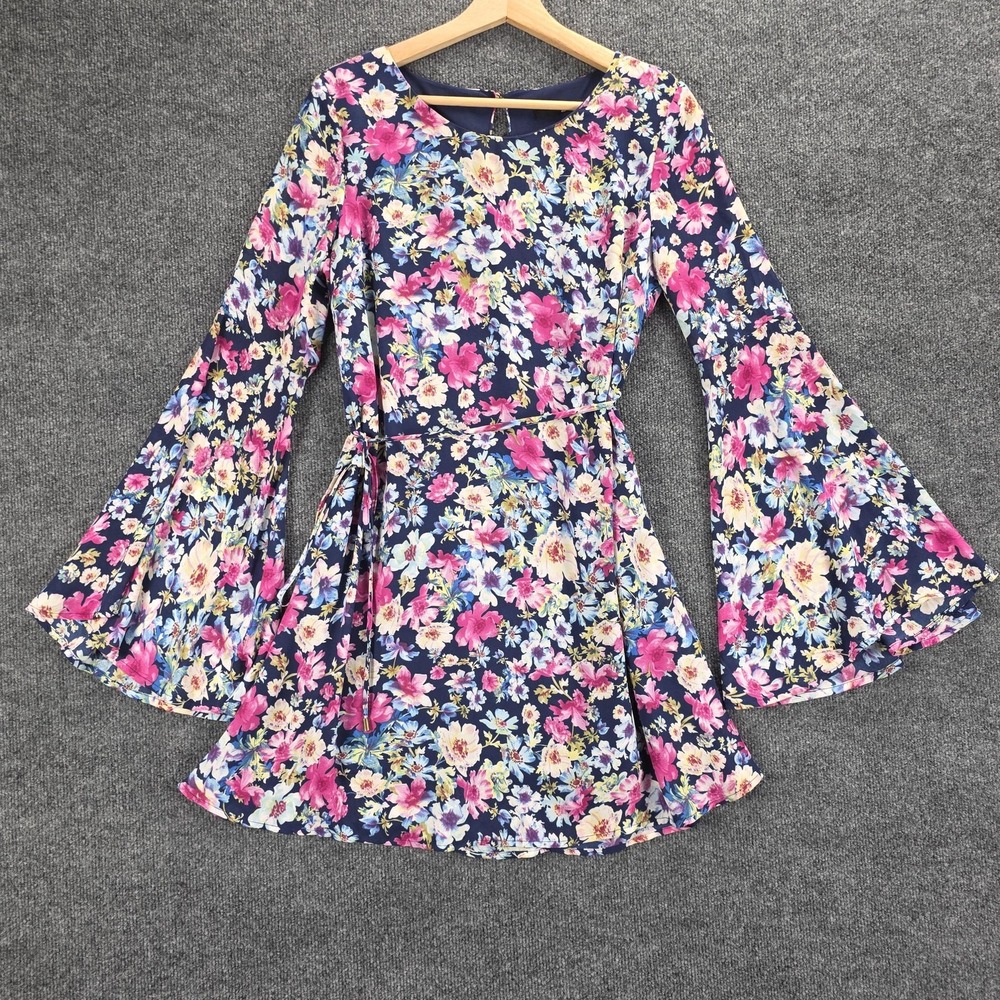 55-LuLu's Dress Wmns Medium Navy Blue Floral Bell Sleeve Fit & Flare Mini A-Line - Picture 4 of 16